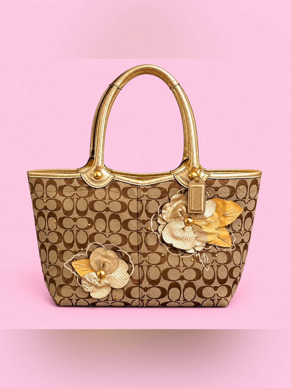 Y2K Coach🤎Floral Signature Applique Tote With Matching Wristlet Set